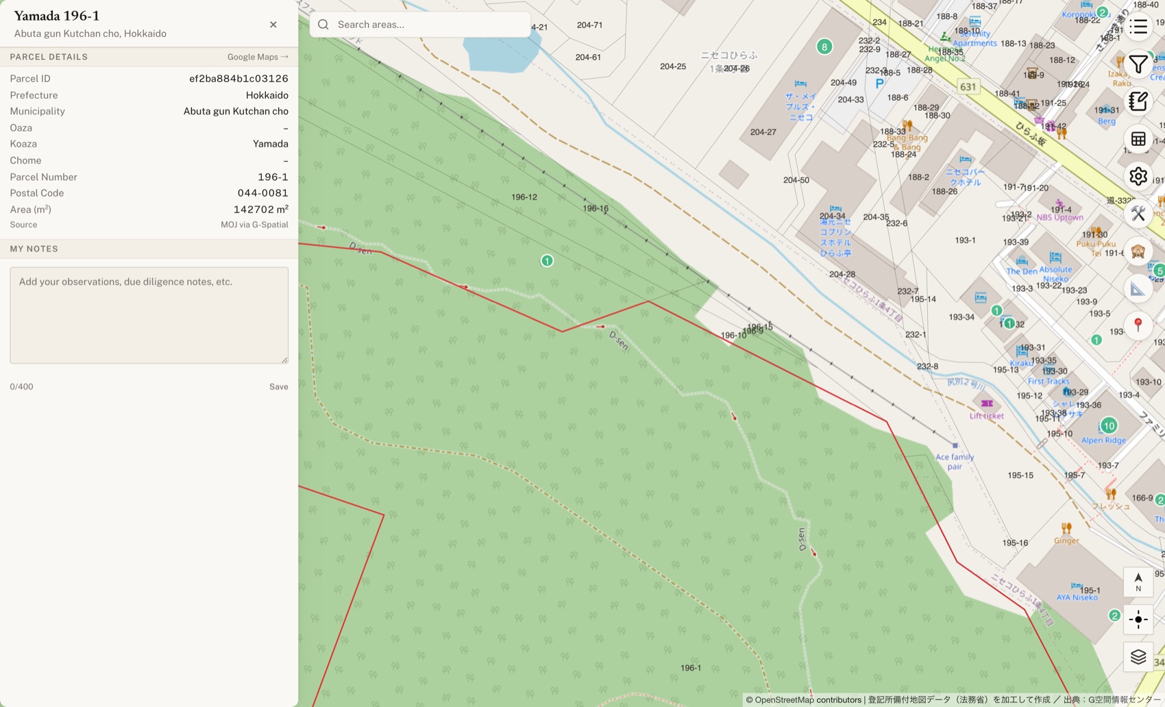 Parcel detail with registry data and notes